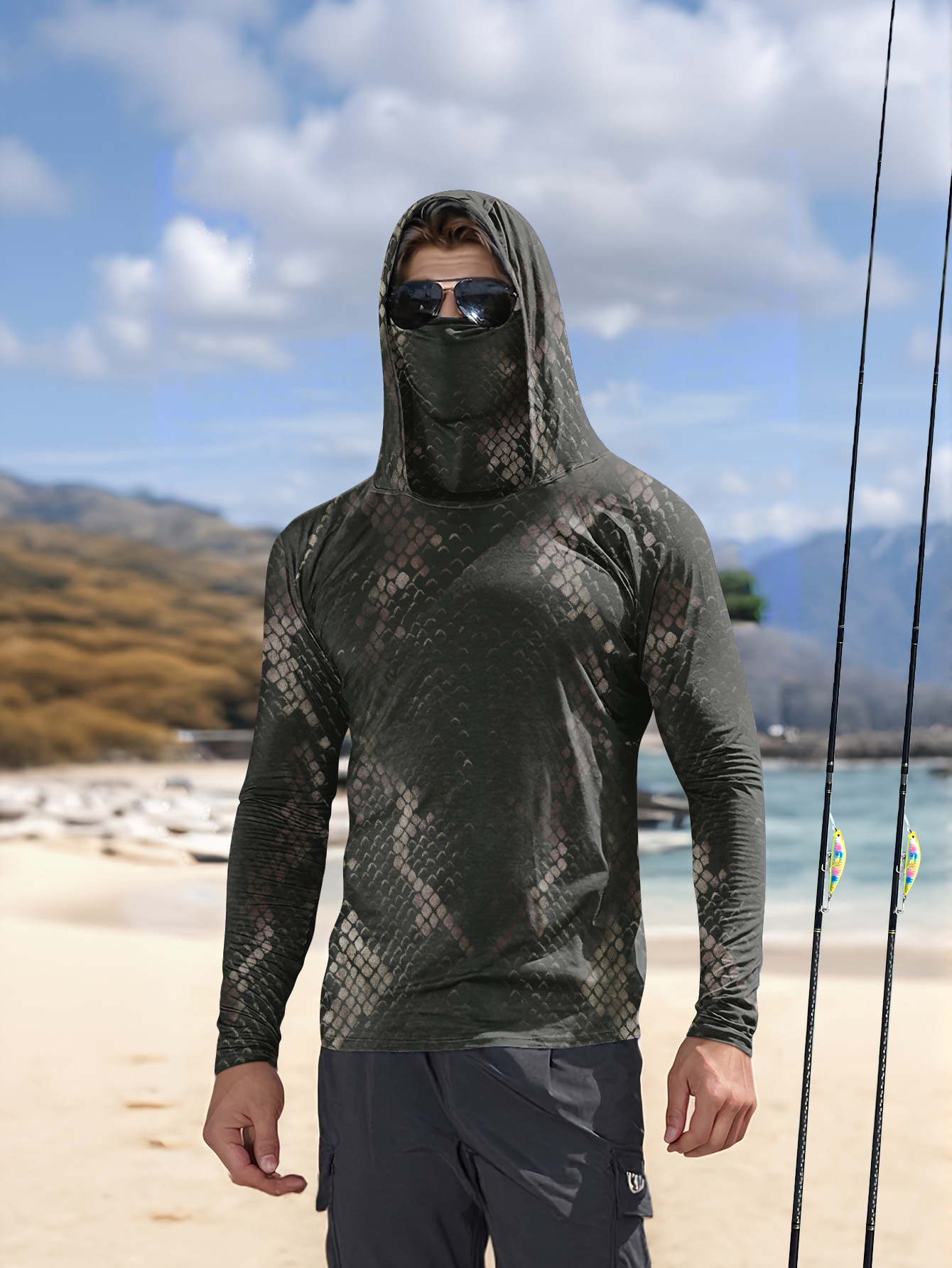 Fishing Hoodie - قميص صيد للرجال بغطاء للرأس وأكمام
